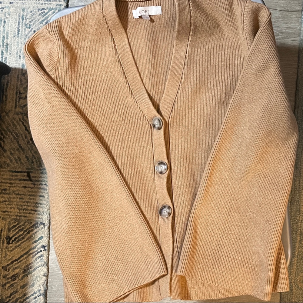 Loft Tan Button-Up Cardigan wide sleeve